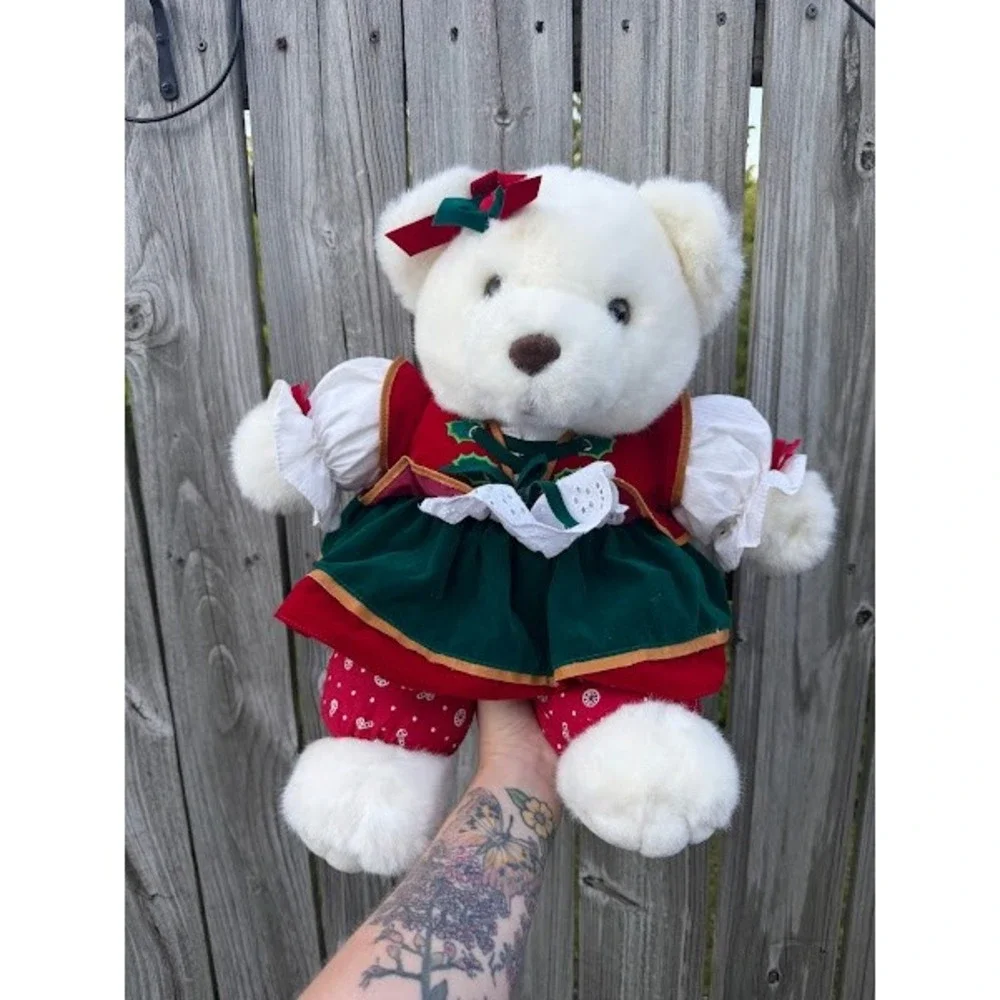 Vintage 1995 Santa's‎ Best White Teddy Bear Christmas Holiday Plush Velvet Dress